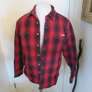 Lucky Brand Men's Size M Quilt Lined RED Plaid Elbow Patches Light Shirt Jacket
